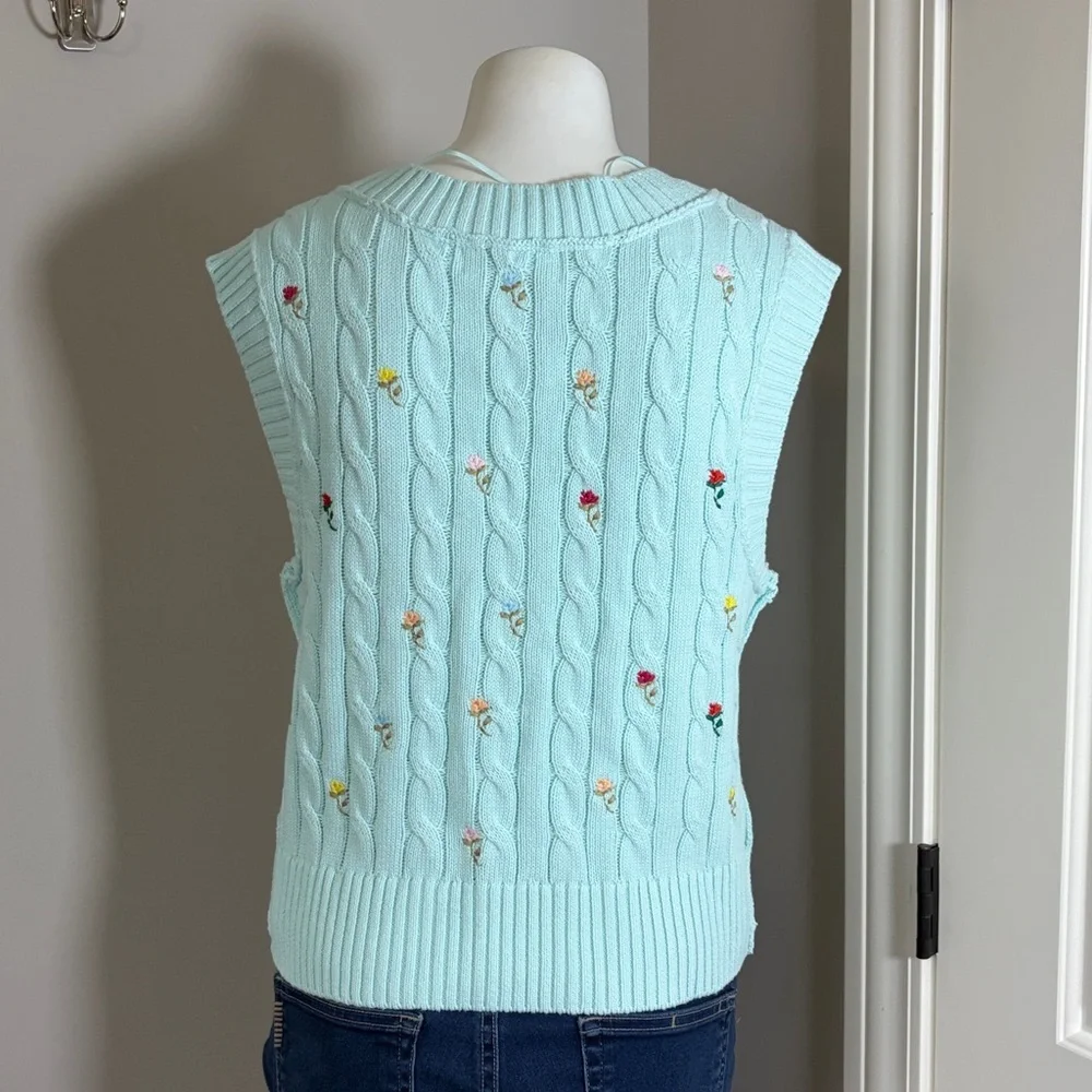FREE PEOPLE PLUMERIA FLORAL VEST BLUE GLASS Cable Knit Sweater Sz S NEW